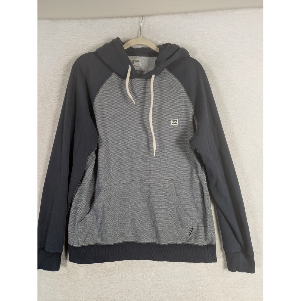 Billabong Hoodie Men's Medium Gray Navy Striped Raglan Pullover Sweatshirt